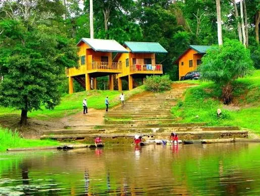 Chalets en bois au bord de l'eau