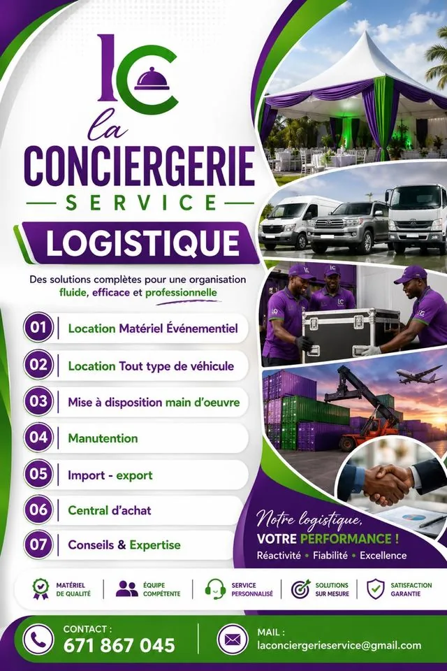 Affiche du pôle Logistique : matériel événementiel, véhicules, main-d'œuvre, import-export