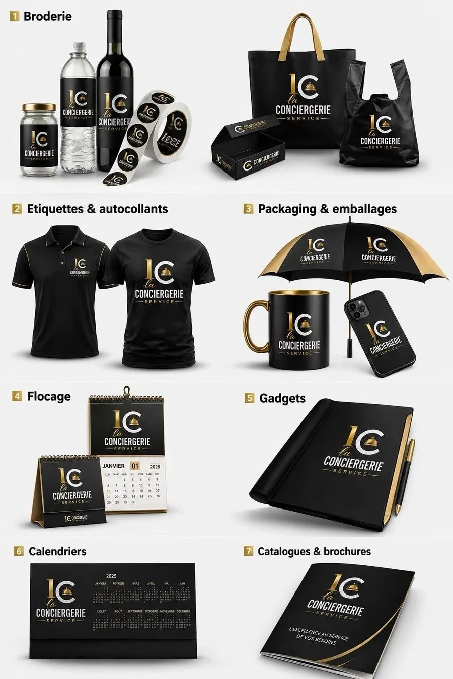 Exemples d'objets publicitaires : étiquettes, textiles, mugs, parapluies, calendriers et catalogues