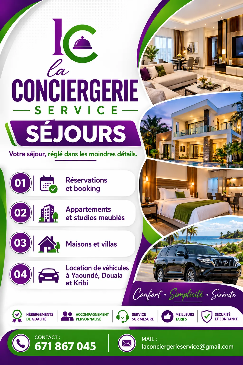 Affiche du pôle Séjours : réservations, appartements meublés, villas et location de véhicules