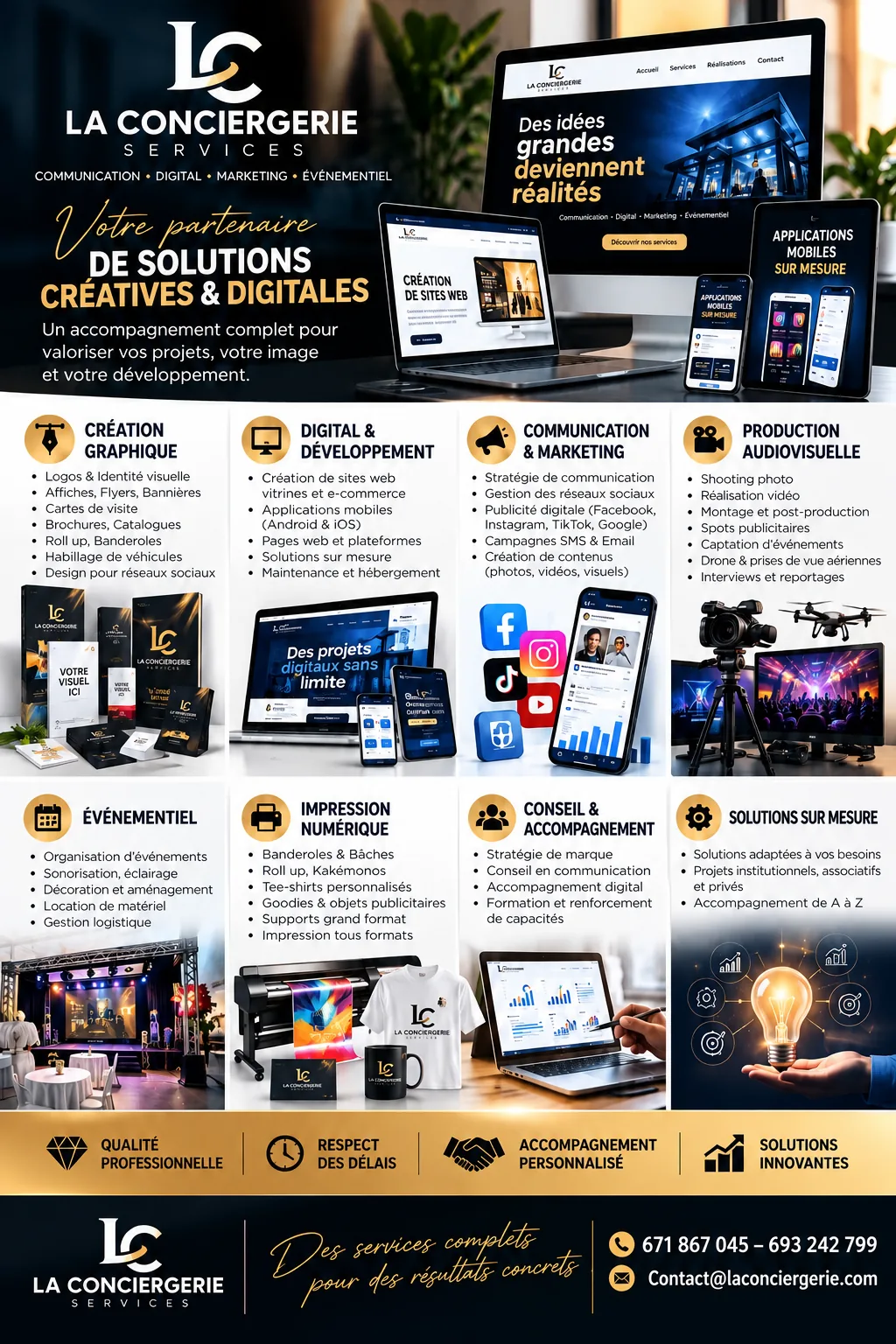 Affiche des services de La Conciergerie Service : création graphique, digital, communication, audiovisuel, événementiel, impression, conseil