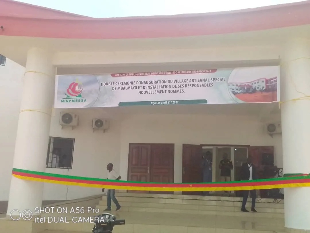 Entrée du bâtiment décorée d'une banderole du MINPMEESA et d'un ruban aux couleurs du Cameroun
